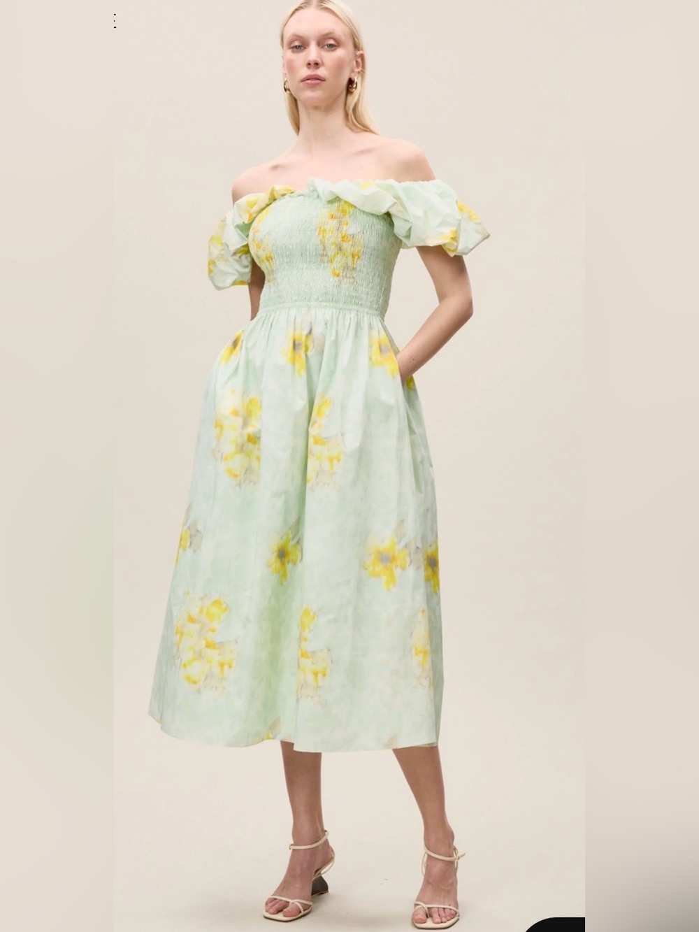 Rebecca Taylor Pale Green Floral Off-Shoulder Midi Dress